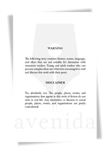 Load image into Gallery viewer, Warning and disclaimer text on a white background with 'avenida' branding.
