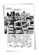 Load image into Gallery viewer, Comic book page with urban landscape and close-up of hands with cups, featuring the artist's signature 'avenida'.
